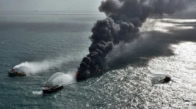 Smoke rises from a fire onboard the MV X-Press Pearl container in the seas off the Colombo Harbour, in Sri Lanka May 26, 2021. (Reuters)