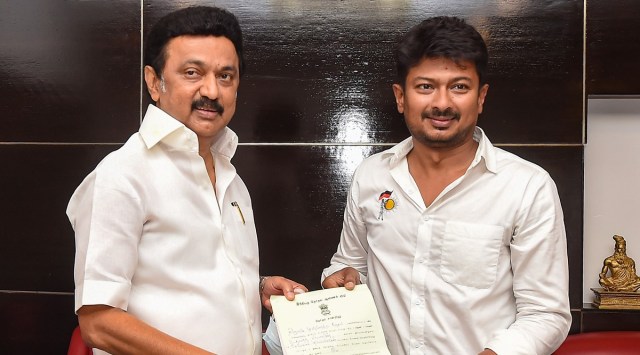 Tamil Nadu CM M K Stalin with son Udhayanidhi Stalin after DMK’s victory in the Assembly election. (PTI Photo)