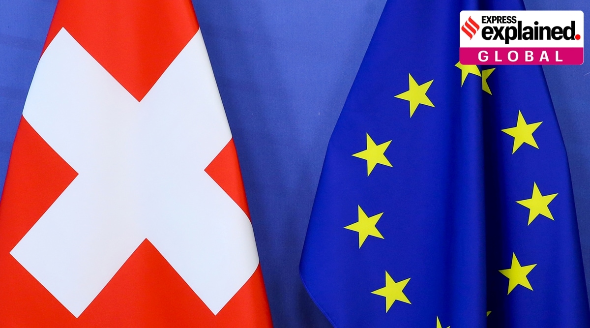 Switzerland's national flag and the European Union flag are seen at the European Commission building in Brussels, Belgium April 23, 2021. (Reuters Photo)