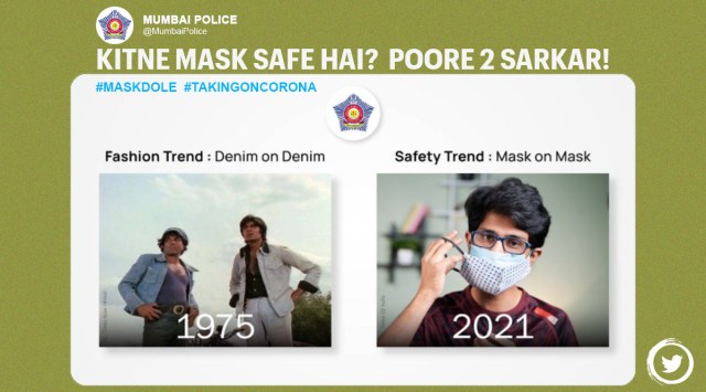Mumbai police, Mumbai police double masking advisory, Mumbai police Twitter, Covid-19 India second wave, Coronavirus updates, double masking mandatory, Trending news, Indian Express news