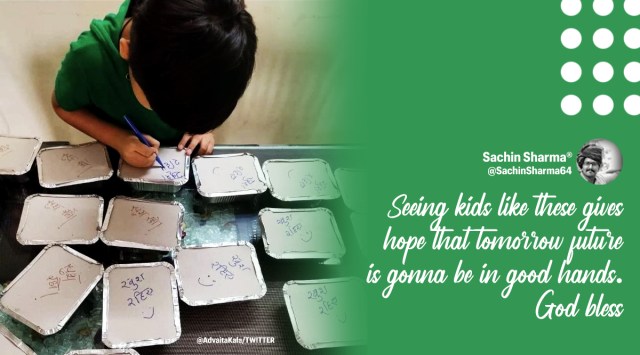 Boy writes heart-warming messages on food packet, Boy writes be happy on food packet for covid-19 patients, Good news, Covid-19 second wave India, Positive news, Covid-19 updates, Covid-19 good news, Trending news, Indian Express