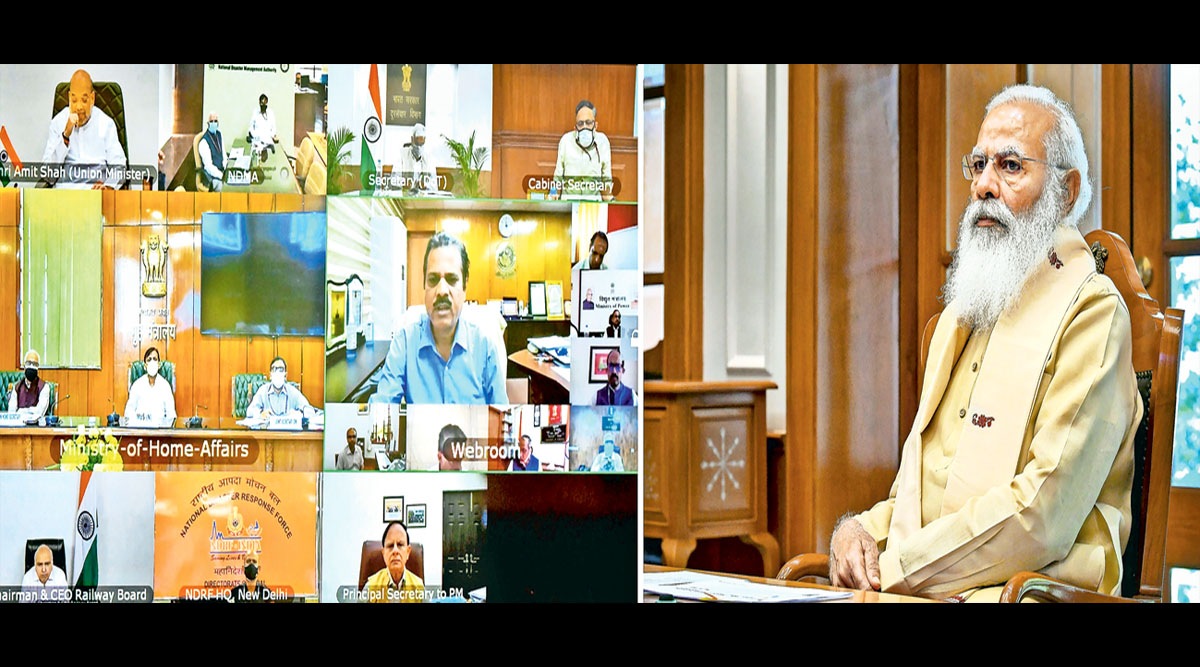 PM Modi addresses a virtual meet to review preparedness to tackle cyclone, in Delhi. (PIB/PTI) 