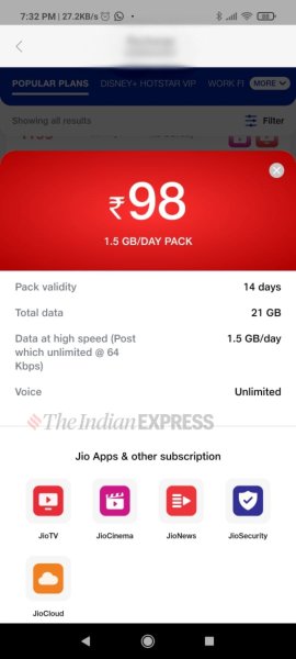 Jio Rs 98, Reliance Jio recharge