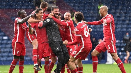 Liverpool goalkeeper Alisson Becker celebrates after scoring a goal against WBA. (Twitter/LFC)