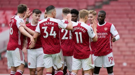 Arsenal's Nicolas Pepe celebrates scoring their second goal with Martin Odegaard and teammates (Source: Reuters)