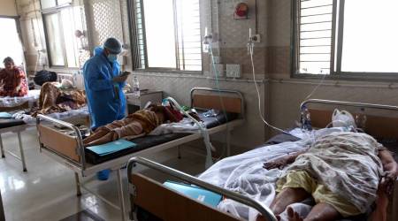 Hospital staff of SSG hospital in Vadodara.(Express photo by Bhupendra Rana)