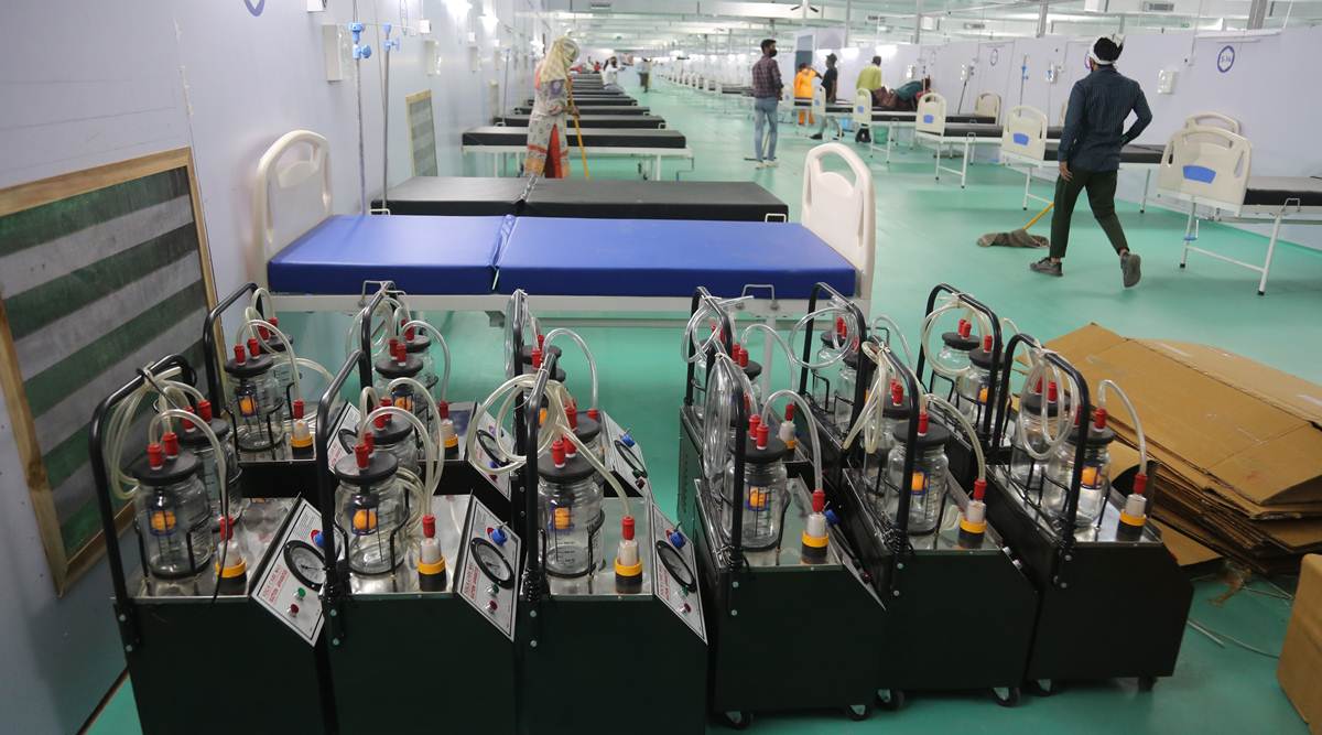 A Covid facility with 500 ICU beds is set to open Wednesday at Ramlila Maidan, opposite Delhi’s GTB Hospital. (Express photo by Prem Nath Pandey)