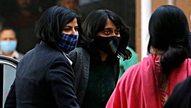 Disha Ravi (centre) outside a court in New Delhi (Reuters)