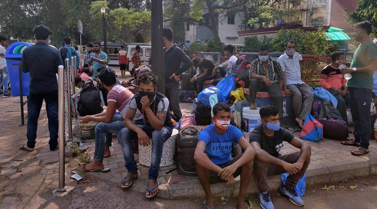 Migrant workers outside the Vasco railway station. (Express File Photo/Mayura Janwalkar)