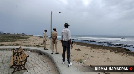 Coastal police stand guard at Veraval coast, Gujarat. (Express photo by Nirmal Harindran)