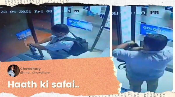 man steals sanitiser from atm, cctv atm sanitizer thief, sanitiser stolen from atm, viral videos, covid 19 pandemic, indian express