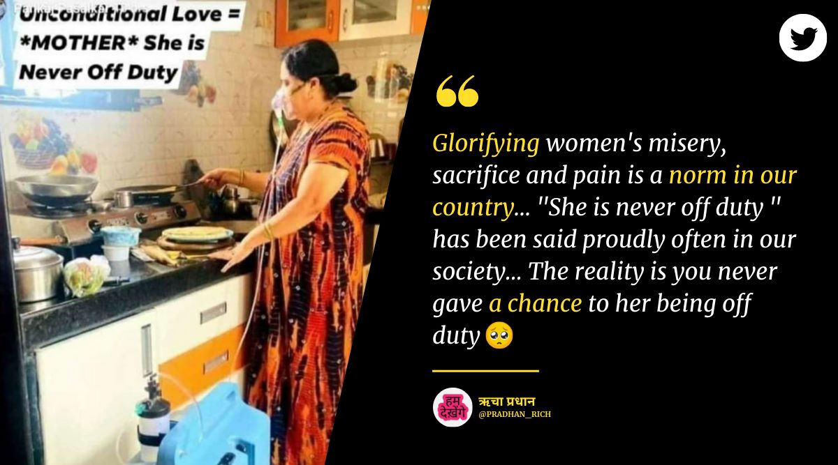 woman cooking oxygen support, mother cooking oxygen support, viral photo mother cooking with oxygen, mother unconditional love, indian express