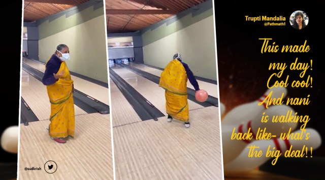 bowling dadi, bowling dadi viral video, woman bowls clean strike, elderly women clean strike viral video, Sudarshan Krishnamurthy, twitter reactions, indian express news