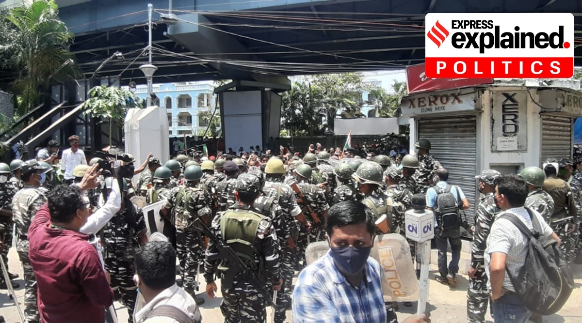 Central forces stand guard outside CBI office in Kolkata where the Trinamool Congress leaders were arrested on Sunday. (Express Photo)