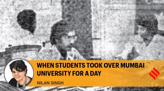 Saroj Tripathi sitting in the V-C’s chair at Mumbai University in 1978. (Express Archives)