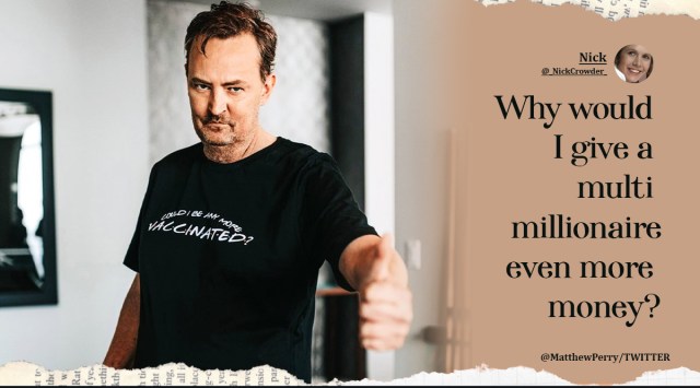 friends, friends reunion, friends reunion date, Matthew Perry's FRIENDS themed vaccination t-shirt, covid-19, covid vaccination, twitter reactions, indian express, indian express news