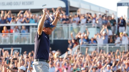 Phil Mickelson celebrates after winning the PGA Championship golf tournament. Mandatory Credit: Geoff Burke-USA TODAY Sports