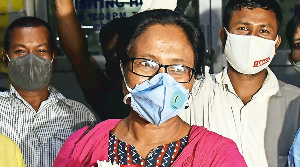 Akhil Gogoi’s wife celebrates his win Sunday. (Photo: Dasarath Deka)