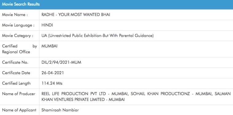 radhe cbfc certificate 