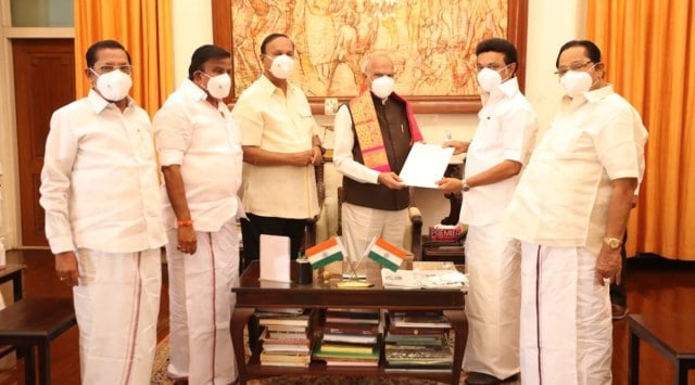 M K Stalin meets Governor Banwarilal Purohit at Raj Bhavan in Chennai along with senior DMK leaders