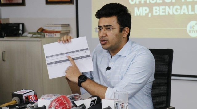 tejasvi surya, Bruhat Bengaluru Mahanagara Palike, BBMP, BBMP bed allotment scam, tejasvi surya bangalore muslim staff, tejasvi surya muslim employees BBMP, bangalore news, indian express
