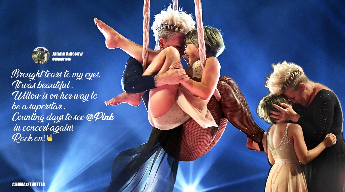 Pink singer, 2021 Billboard Music Awards, Pink and daughter acrobatic performance, Pink and daughter Willow Billboard Music Awards performance, Pink and daughter perform at Billboard Music Awards, Pink and daughter areal performance viral video, Pink and daughter Willow Cover Me in Sunshine performance, Cover Me in Sunshine duet, Cover Me in Sunshine billboard music award performance, Trending news, Indian Express news