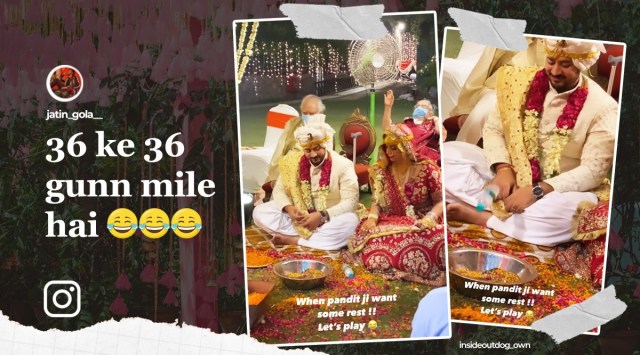 desi wedding couple play bottle flip during pheras, couple wedding, weddings viral video, wedding fun, indian weddings, indian express, indian express news