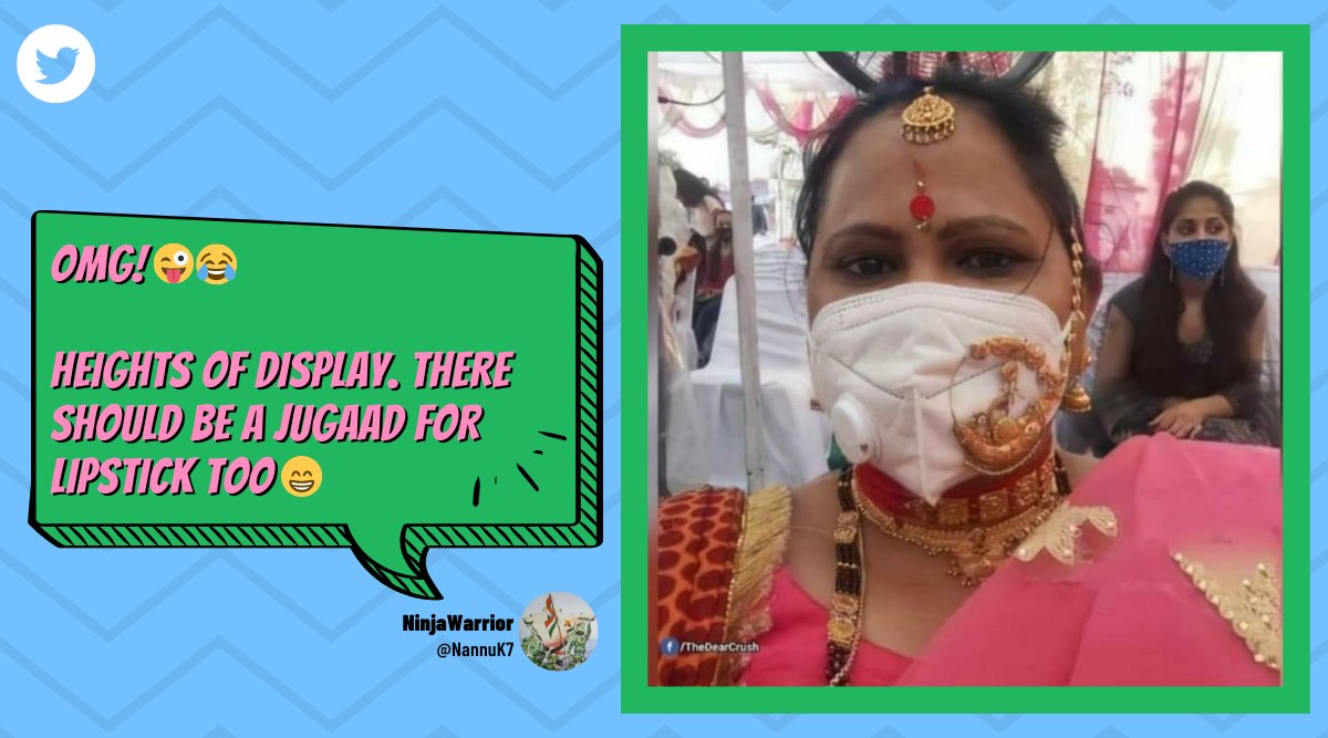 woman wears jewelry over mask viral picture, woman wedding jugaad viral picture, woman wedding, woman wedding make up, wedding jewelry, covid, covid 19, trending, indian express, indian express news