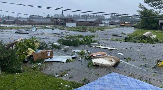 This photo provided by Alicia Jossey shows debris covering the street in East Brewton, Ala., on Saturday, June 19, 2021. Claudette was declared organised enough to qualify as a named tropical storm early Saturday morning, after the storm's center of circulation had come ashore southwest of New Orleans.| (Alicia Jossey via AP)