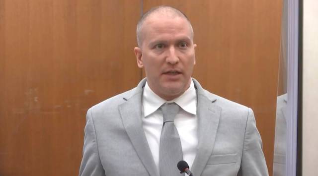Former Minneapolis police Officer Derek Chauvin addresses the court as Hennepin County Judge Peter Cahill presides over Chauvin's sentencing. (Court TV via AP, Pool)