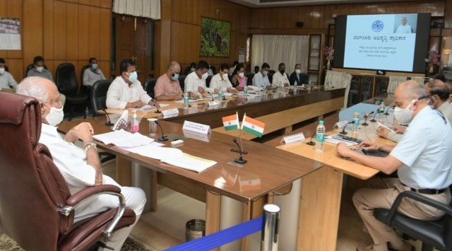 Chief Minister B S Yediyurappa chairing the Bengaluru development review meet.