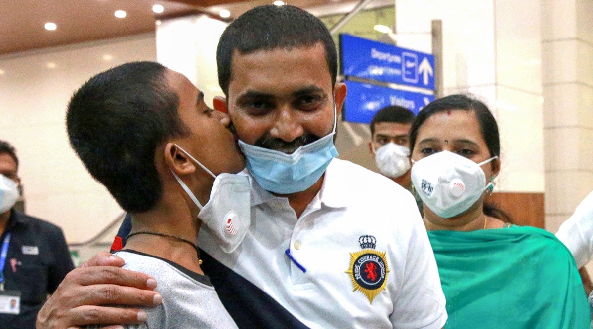 Kochi: Becks Krishnan, 45, a native of Puthenchira in Thrissur district, reunites with his family after being saved from death row in Abu Dhabi jail, at Kochi International airport, Kochi, Wednesday, June 9, Krishnan has been languishing in Al Wathba prison in Abu Dhabi for the past seven years in a car accident case. (PTI Photo)(PTI06_09_2021_000222B)