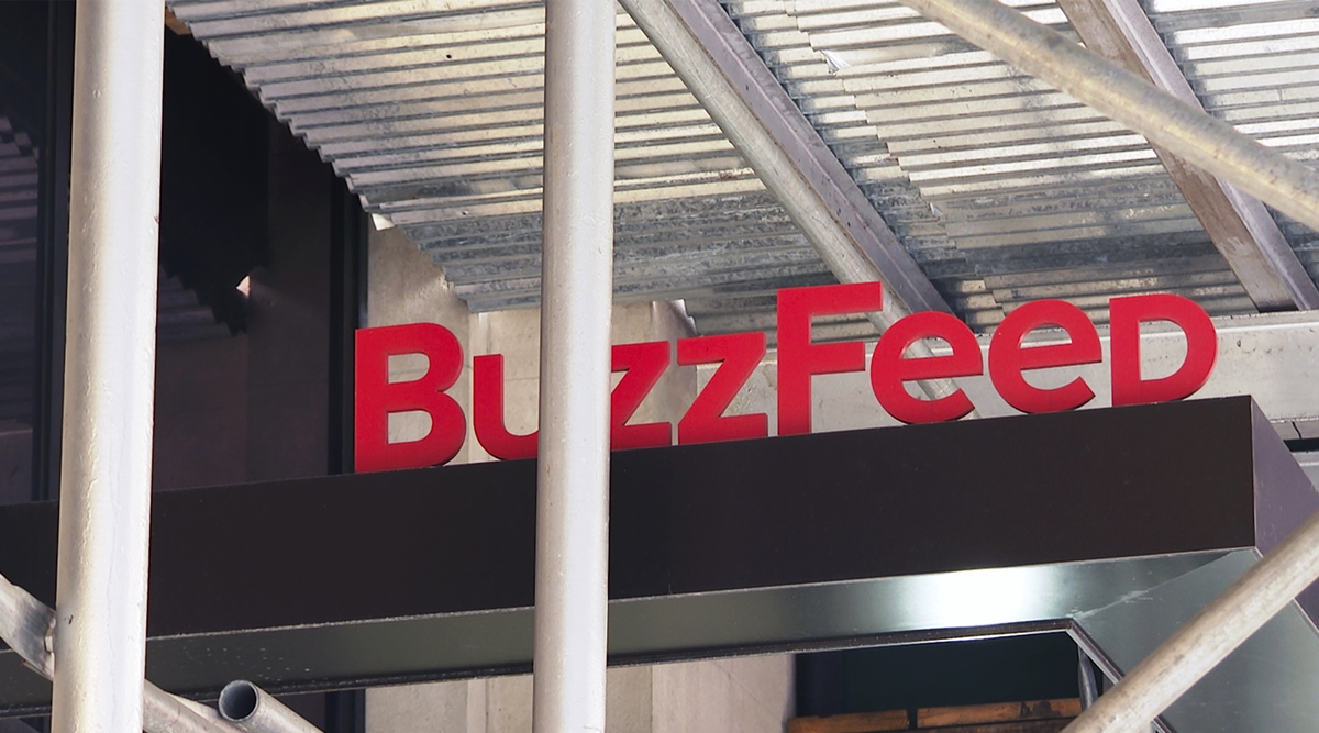This Nov. 19, 2020 file photo shows the entrance to BuzzFeed in New York.. (AP) 