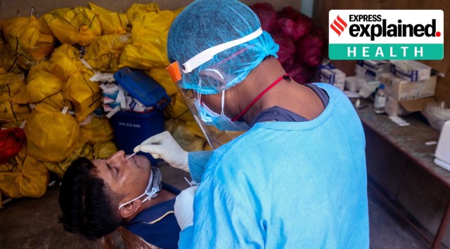 A health worker takes a sample for Covid-19 testing in Bengal. (Express Photo: Shashi Ghosh, File)