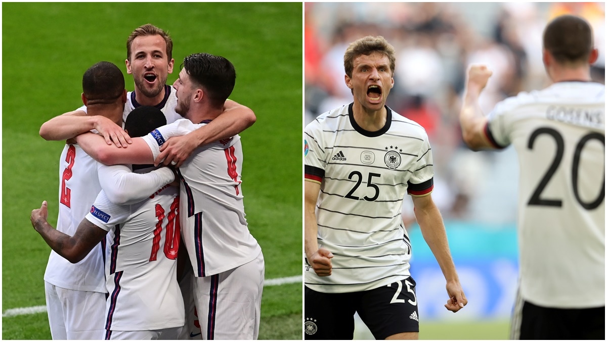 Germany's Mats Hummels, centre, heads on goal during the Euro 2020