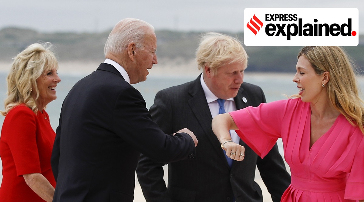 UK PM Boris Johnson and his spouse Carrie Johnson greet US President Joe Biden and First Lady Jill Biden in Cornwall, England, on Friday. (AP Photo)