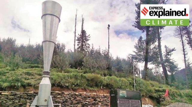 An anti-hail gun installed near apple orchards in Shimla district’s Baghi village. (Express)