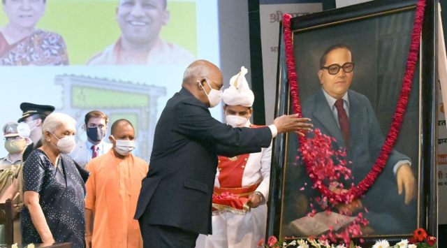 President Ram Nath Kovid pays tribute to  Dr B R Ambedkar at the foundation stone laying event as CM Yogi Adityanath and Governor Anandiben Patel look on. (Vishal Srivastav)