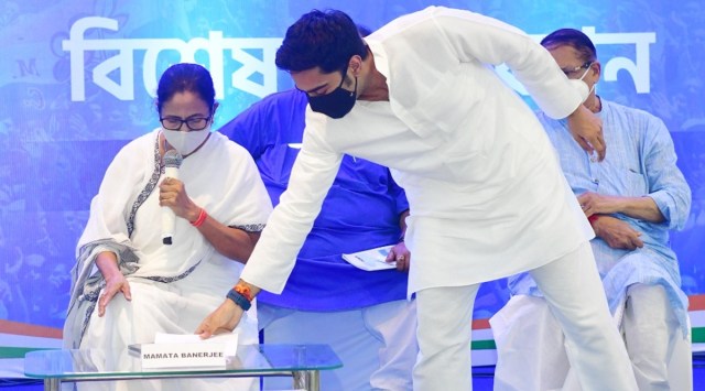 West bengal Chief Minister Mamata Banerjee with her nephew Abhishek Banerjee during a TMC meet in Kolkata. (Photo: PTI)