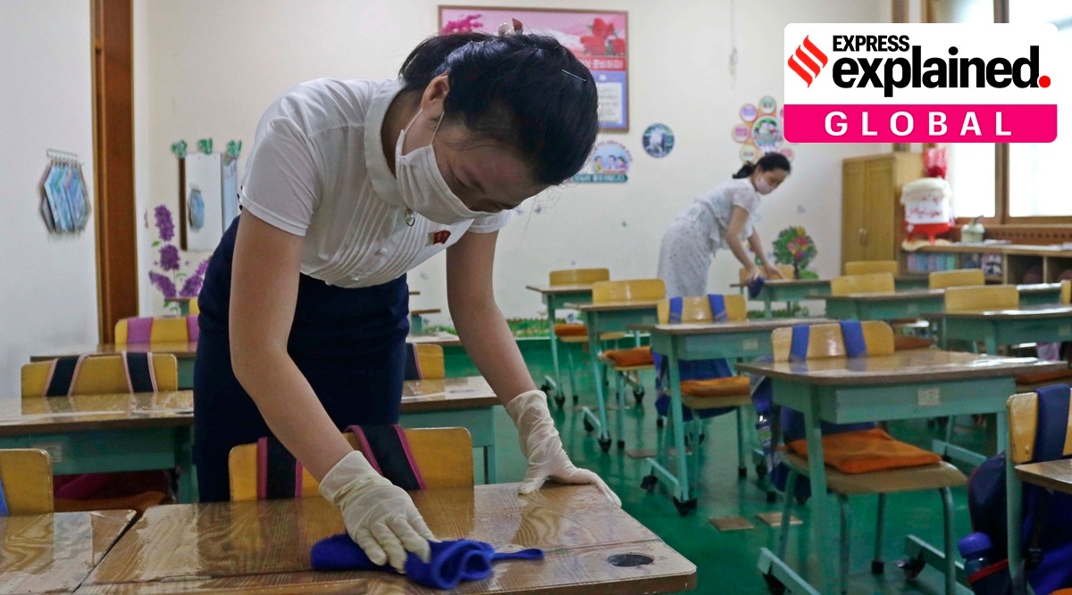 Staff of the Pyongyang Primary School No. 4 clean classroom desks in Pyongyang, North Korea, Wednesday, June 30, 2021. (AP)