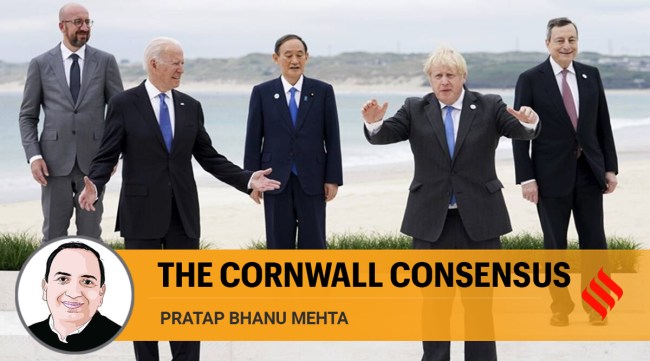 Leaders of the G7 pose during a group photo at the G7 meeting at the Carbis Bay Hotel in Carbis Bay, St. Ives, Cornwall, England, Friday, June 11, 2021. (AP Photo) 