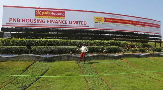 A banner for PNB Housing Finance Ltd’s IPO offering. (Archives)