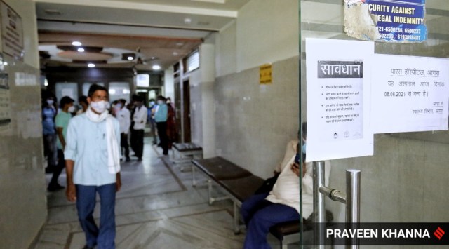 Notice at Shri Paras Hospital Tuesday. (Express Photo: Praveen Khanna)