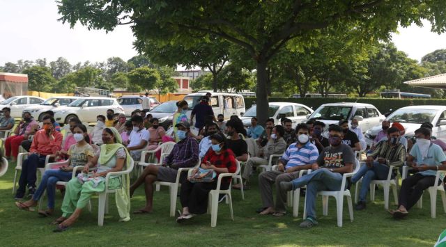 Beneficiaries  waits their turn during the Vaccination camp at Radha Swami Satsang Bhawan in Ludhiana.(Express Photo by Gurmeet Singh)
