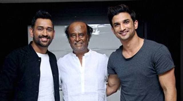(File PTI photo) Sushant Singh Rajput and MS Dhoni with Superstar Rajinikanth in Chennai. 