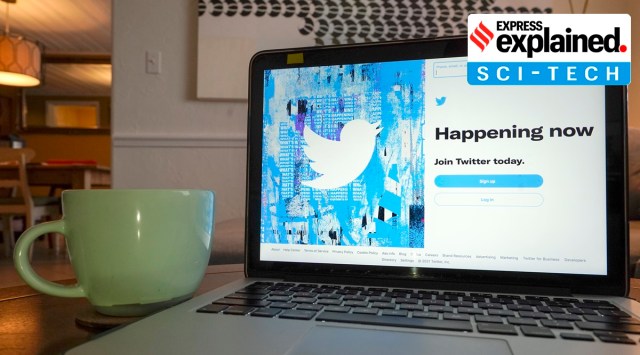The login/sign up screen for a Twitter account is seen on a laptop computer. (AP)