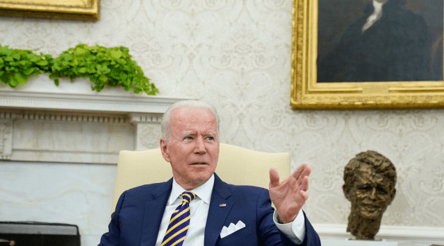 President Joe Biden speaks during his meeting with Israeli President Reuven Rivlin in the Oval Office of the White House in Washington, Monday, June 28, 2021. (AP Photo/Susan Walsh)

