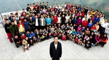 The 76-year-old, who lives in a sprawling four-storey home in Baktawng village with 39 wives, over 90 children and at least 33 grandchildren. (Twitter/@ZoramthangaCM)
