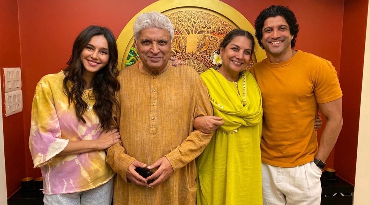 Shabana Azmi, Javed Akhtar are all smiles in this photo with lovebirds Farhan Akhtar and Shibani Dandekar | Entertainment News,The Indian Express