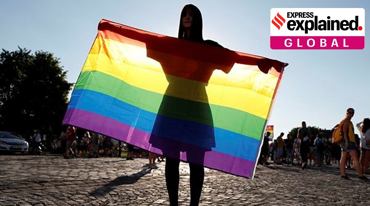 A demonstrator holds the LGBT flag during a protest against a law that bans LGBTQ content in schools and media at the Presidential Palace in Budapest, Hungary, June 16, 2021. (Reuters Photo)